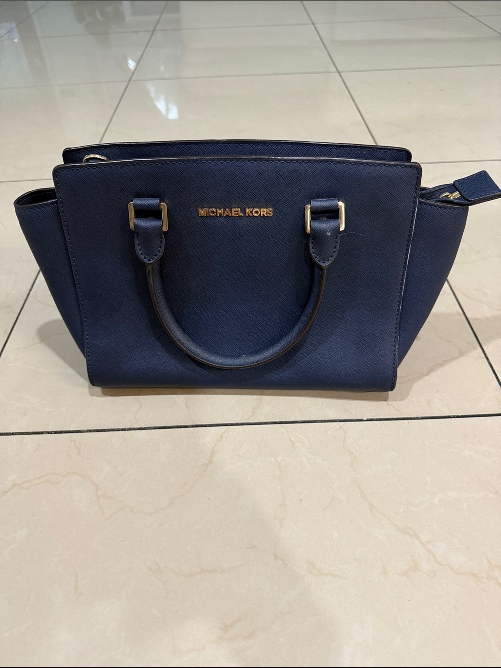 Michael Kors Navy Saffiano Top-Handle Satchel with Gold Hardware